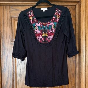Hailey & Co. Elegant Black Blouse with Vibrant Embroidery